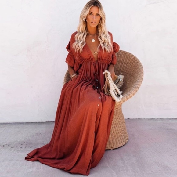 SOLD OUT Red Gauze Boho Button Maxi Coverup Dress - Picture 5 of 10